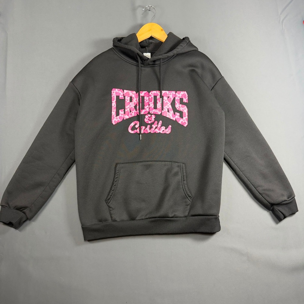 Crooks & Castles Mens Black Hoodie Pink Camo Logo Pullover Sweatshirt Small